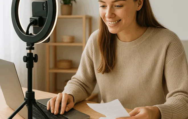 Ung dansk influencer arbejder med regnskab i sit hjemmestudie – omgivet af kameraudstyr, kvitteringer og laptop med budgetskema. Billedet symboliserer vigtigheden af at tage ansvar for skat og økonomi som selvstændig content creator.