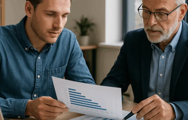 Kunde og revisor ser på finansieringsplan