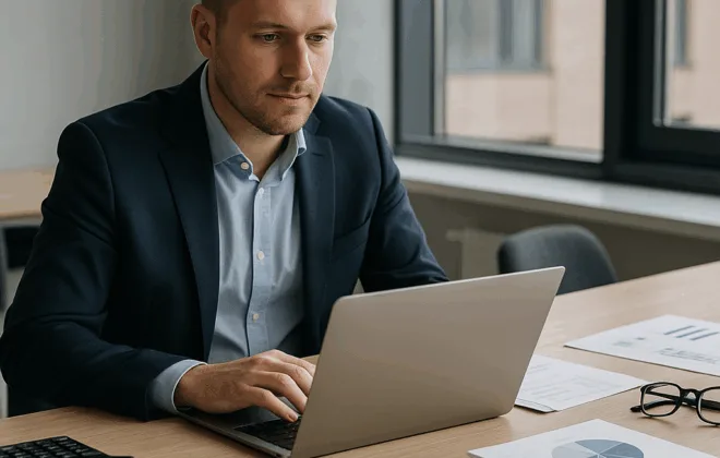 Konsulent med laptop i mødelokale