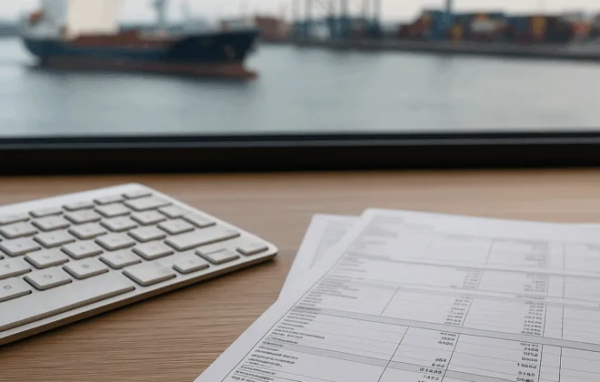 Tastatur og lønsedler med havnebaggrund