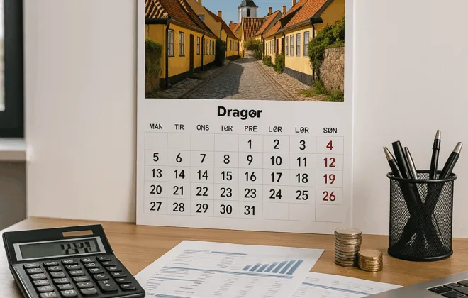 Vægkalender i kontor med Dragør motiv
